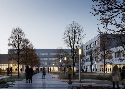 Visualisierung: "Campusband" (links die Mensa, hinten die berufliche Oberschule, rechts die Realschule) Copyright © gmp Architekten und GOLDBECK Ost GmbH