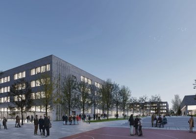 Visualisierung: "Campusband" (rechts die Mensa, hinten im der Mitte das Gymnasium) Copyright © gmp Architekten und GOLDBECK Ost GmbH