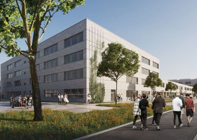 Visualisierung: Schulzentrum Breslauer Straße (im Vordergrund das Gymnasium) Copyright © gmp Architekten und GOLDBECK Ost GmbH